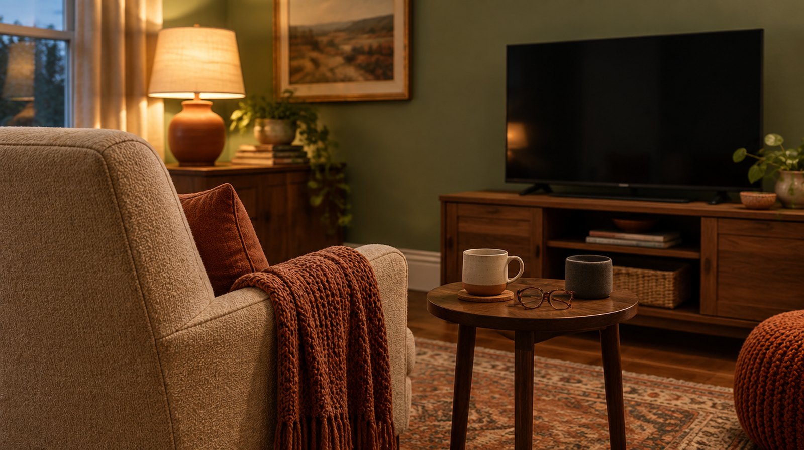 A living room armchair set up for easy listening