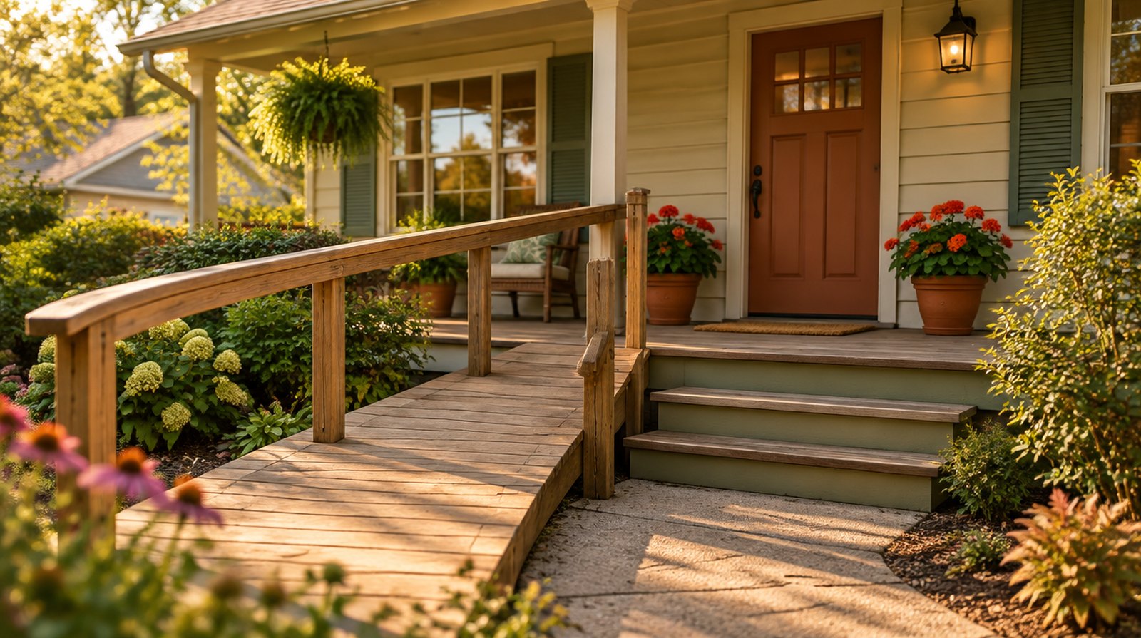 A gentle access ramp at the front door of a family home