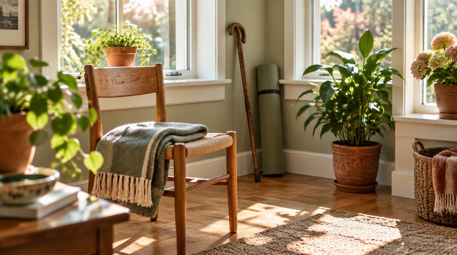 A bright sunroom set up for gentle movement