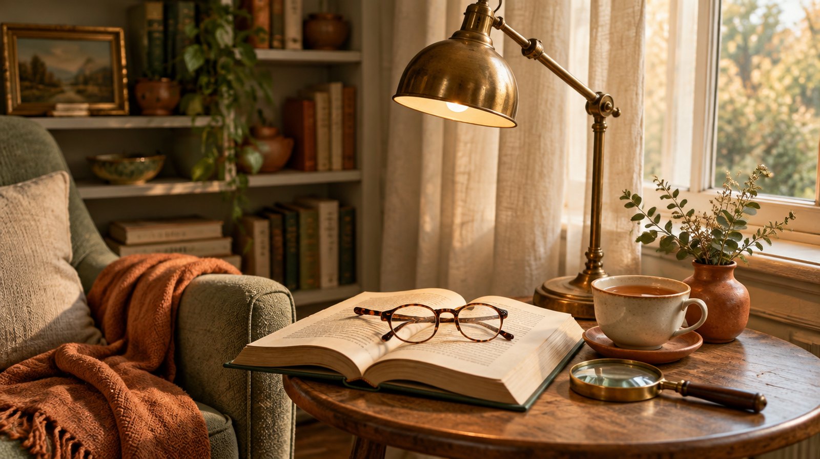 A reading corner with a warm task lamp and readers