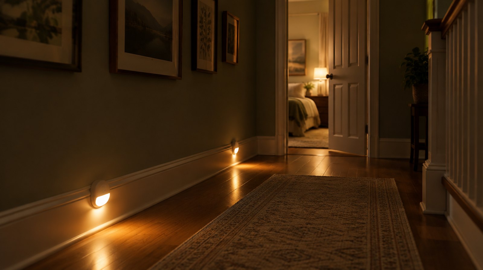 A hallway lit at night by low warm night lights